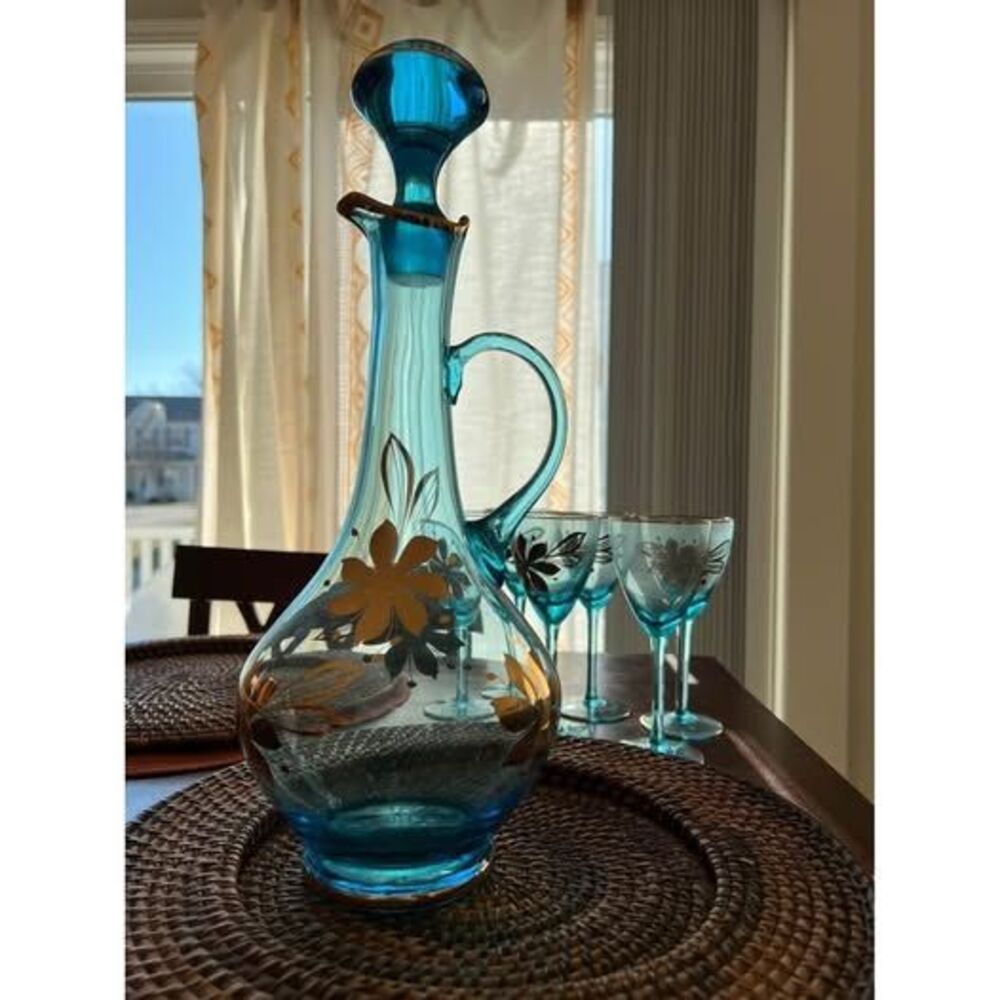 Vintage Turquoise  Blue & Gold Decanter Set MCM Bohemian Glass